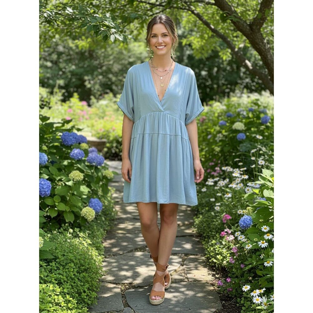 Mustard Seed Blue Tiered Boho Short Sleeve Mini Dress - Size M